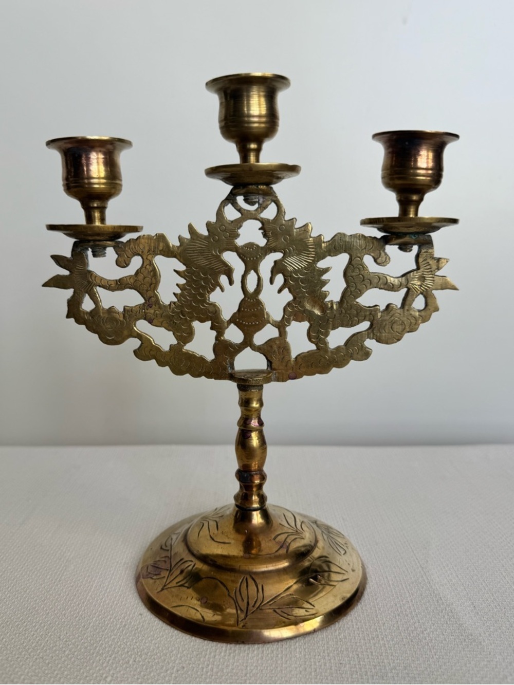 Vintage Engraved Brass Candelabra Candlestick Holder